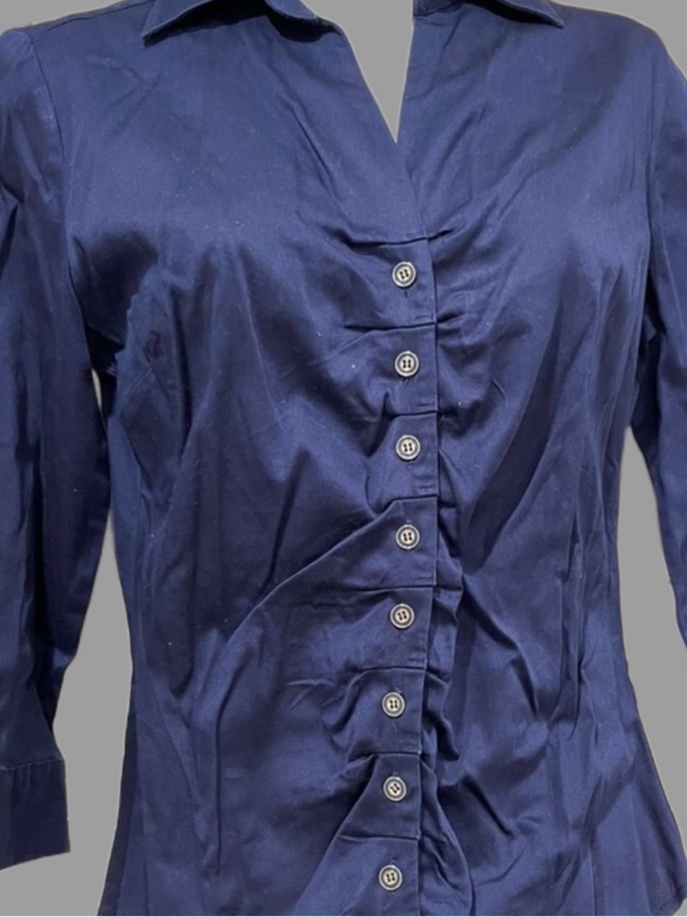 New York & Company Navy Button-Front Shirt with Ruching